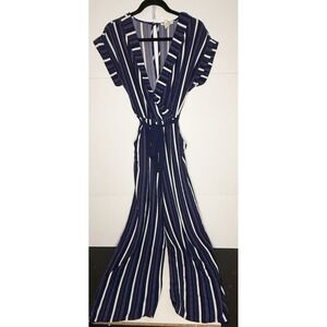 Monteau Los Angeles Women's Large Jumpsuit Deep V Neck Navy Blue White Wide Leg